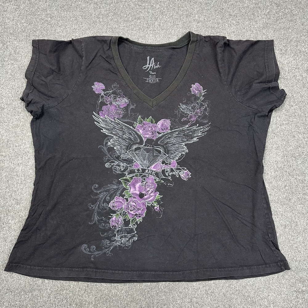 LA Ink Women's Graphic V Neck Tee Roses Wings Y2K USA Black Large